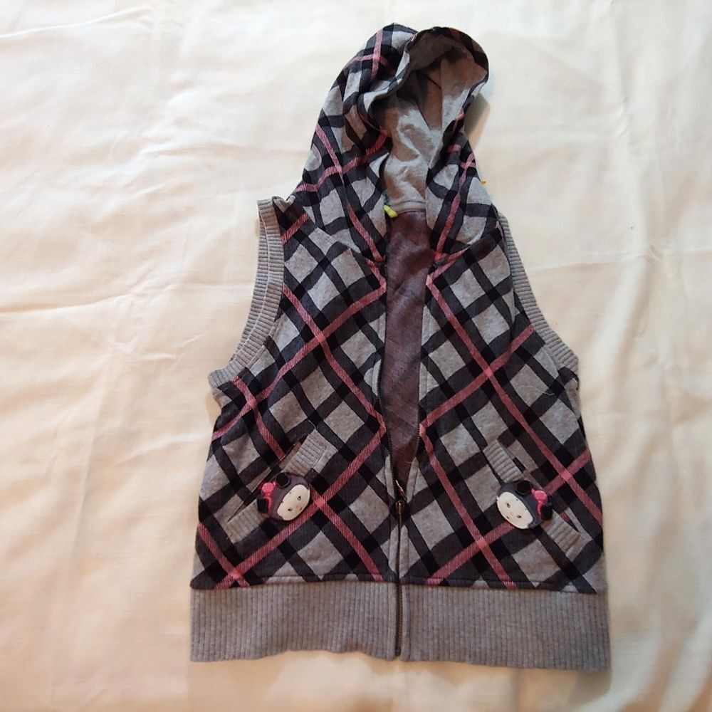 Womens 40 ES vest hooded gray pink plaid‎